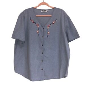 Gina Peters Vintage Blouse Women's 2X Light Denim Chambray Floral Embroidery Top
